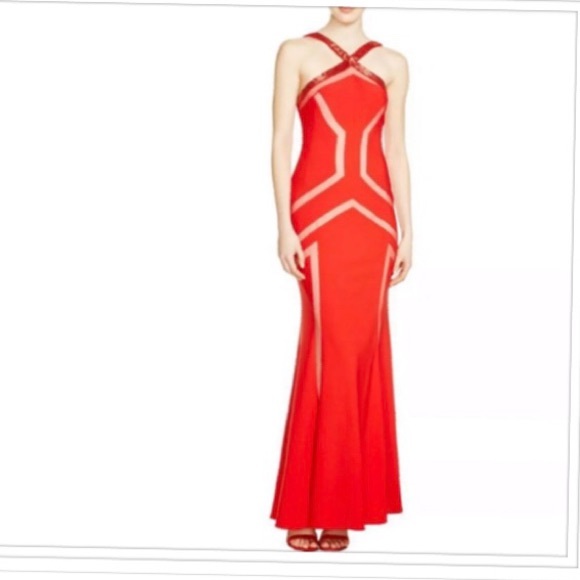 JS Collections Red Ottoman Illusion Inset Gown - Picture 1 of 2